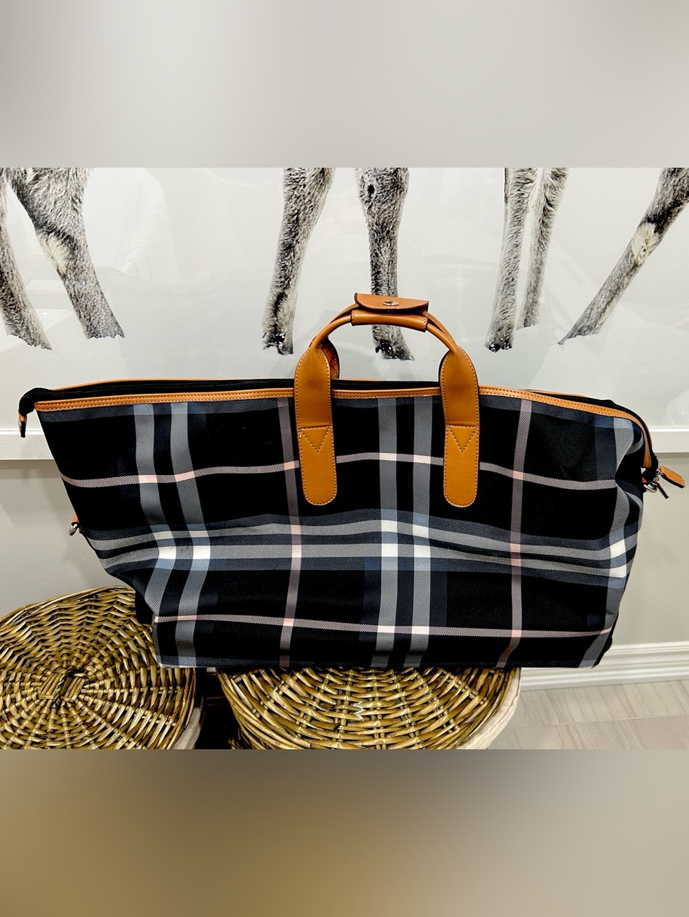 Plaid Weekend Travel Tote with Tan faux Leather Handles.